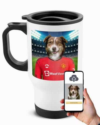 Personalised Travel Mug with Football Pet Portrait from Photo Upload and Text, Fathers Day Gift for Dad Dog Cat Mum Daddy Present