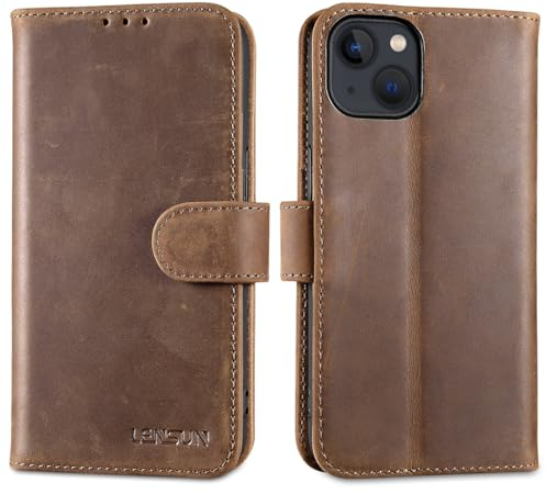LENSUN Lederhülle für iPhone 13, Echtleder Hülle Premium Echtes Leder Handyhülle [Kartenfach][RFID Schutz] Flip Handytasche Klapphülle für iPhone 13 5G - Vintage Dunkelbraun