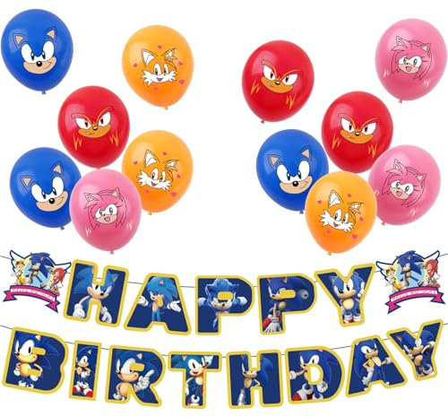 Sonic Birthday Decorations Cartoon Sonic Party Pack with 1pcs Happy Birthday Sonics Banner and 12pcs 12inch Balloons for Kids Girls Boys So-nic Decorations,So-nic Party Supplies