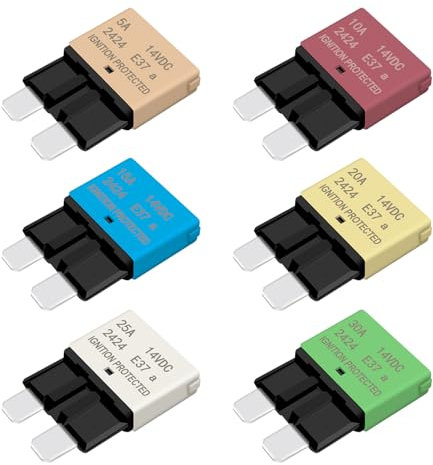 AUTO Reset Standard Blade Car Fuse 5A 10A 15A 20A 25A 30A ATC/ATO Circuit Breaker for Trolling Motor Truck RV Marine Boat Audio Battery Protection - 14VDC E37 Low Profile Auto Reset Fuses Kit