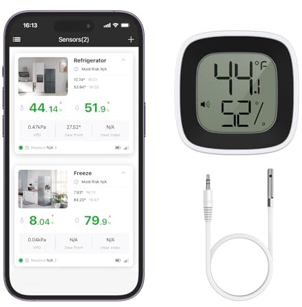 Ankilo Digital Bluetooth-Kühlschrank thermometer,APP kann die Daten anzeigen,mit 1.5 m langer Datensonde,Kann für Kühlschrank, Gefrierschrank, Fischtank Temperaturerfassung verwendet werden