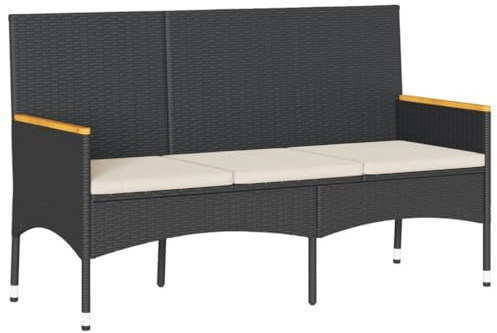 vidaXL Gartenbank 3-Sitzer, Parkbank mit Kissen Stahlrahmen, Sitzbank für Terrasse Garten Balkon, Gartenmöbel Balkonbank, Schwarz Poly Rattan