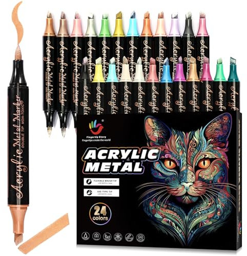 FINGERTIP STORY Art Acrylstifte für Steine wasserfest, mit Metallic Acrylstifte wasserfest, Steine bemalen Stifte Set, Acrylmarker, Metallic für holz, Glas, Keramik (24 color-N)
