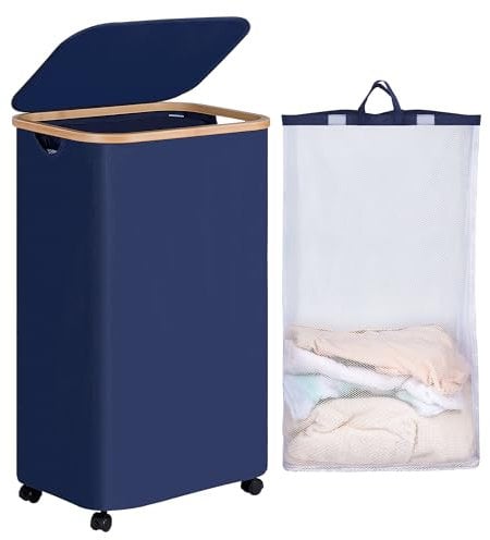 efluky Wäschesammler mit Rollen, 100L Wäschekorb mit Deckel und Abnehmbarem Beutel, Grau Faltbare Wäschebehälter mit Bambusgriffen und abnehmbarem Beutel für Schlafzimmer, Bad, Waschküch