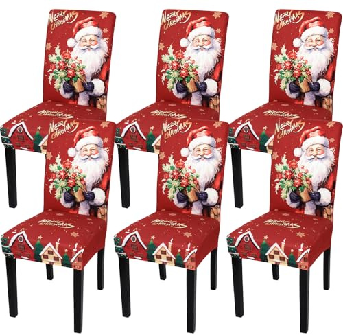 MEIVINES Stuhlhussen Weihnachten 6er Set Weihnachts Stuhlhussen Stretch Stuhlhussen Weinachtsdekorationen Stuhlbezug Abnehmbarer Weihnachtsstuhlbezug für Festival Esszimmer Hotel Party (6 Stück,Rot)