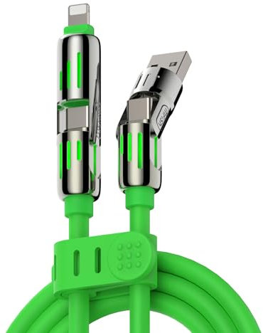 MFish 4-in-1 Universal Multi USB Charging Cable – 240W Max Fast Charger Cord with Multiple Connectors for iPhone 16/15/14/13, iPad, Samsung, MacBook, Tablets & More (Green, 6.6Ft)