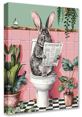 Kaninchen lesen Zeitung Poster Drucke 1 Stück Tropische Pflanzen Tiere auf Toilette Leinwand Wandkunst Niedlich Moderne Bilder Kunstwerk für Wohnzimmer Badezimmer Heim Wanddekoration Gerahmt