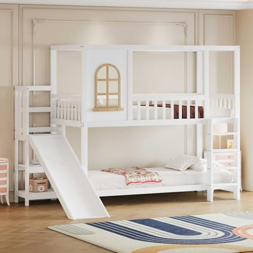 YEHTOKHOME Lit superposé 90x200cm,lit Enfant en Forme de Maison, lit Multifonctionnel avec Toboggan et échelle de sécurité, lit Double en Bois Massif Blanc(sans Matelas)
