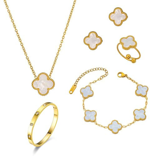 Vierblättriges Kleeblatt Armband, 18K Roségold Plattiert Edelstahl Zweiseitig Weiß Schwarz Anhänger Halskette, Clean Girl Stuff, Vierblättriges Glücksklee Schmuckset Geschenke, für Damen und Mädchen