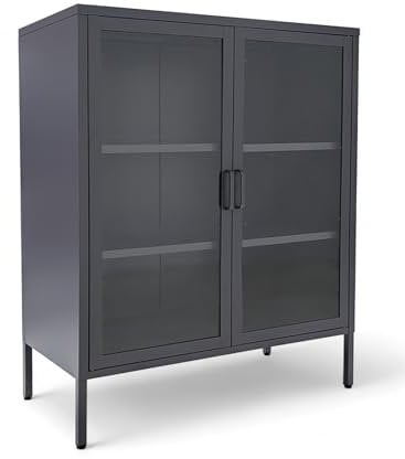 osoltus Vitrine Industriedesign Metall | Glasvitrine mit Türen Magnetverschluss | 3 Fächer 80 x 40 x 103cm (dunkelgrau)