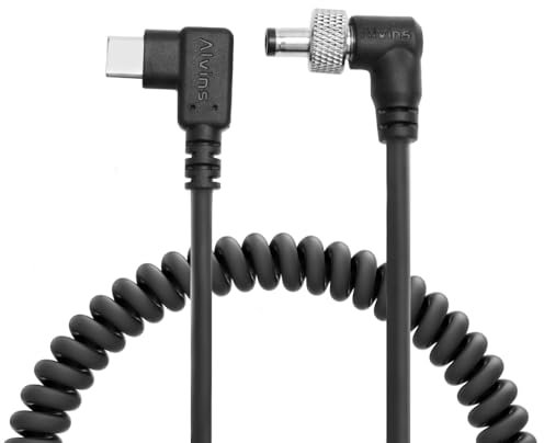 Alvin's Cables PD USB-C Type-C to Locking DC 12V Coiled Power Cable for Atomos Shogun, Blackmagic Video Assist, Hollyland Mars, Right Angle