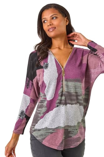 Roman Front Zip Top for Women UK Ladies Brushed Blouse Soft Jumper Smart Casual Work Winter Autumn Spring Warm Long 3/4 Short Sleeve V Neck Sweater T-Shirts - Mauve Multi - Size 12