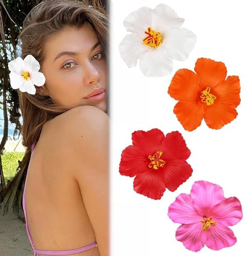 4 Stück Hawaii Blumen Haarspangen Damen, Plumeria Hibiskus Haarklammer Blume, Niedliche Blumenförmige Flower Hair Clip für Urlaub Strandparty, Hawaiianische Haarstyling Zubehör für Dickes/Dünnes Haar