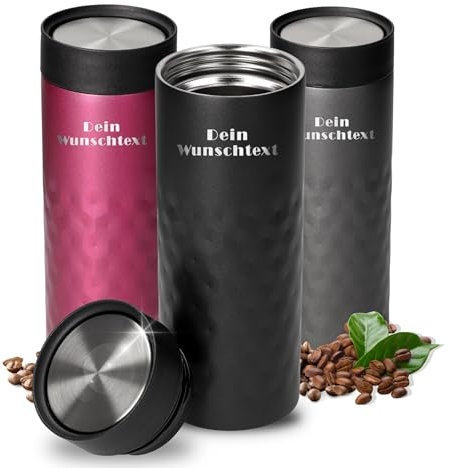 Thermobecher personalisiert 'Crystal' 450 ml - auslaufsicherer Kaffeebecher to go - Edelstahl Trinkbecher mit 360-Grad Deckel - Personalisierte Geschenkidee für Männer & Frauen, Farbe:schwarz