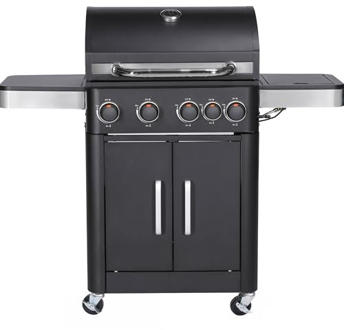 Woodland Grill 4 Burner Gas BBQ with Side Burner - Stainless Steel Barbecue Grill, Integrated Thermometer, and Large Cooking Area with Storage. Black Finish. Propane Gas Regulator Included.