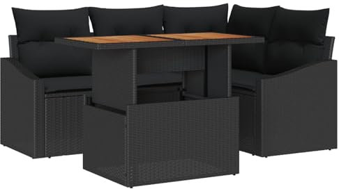vidaXL 5-teiliges Garten Dining Set mit Kissen Schwarz Poly Rattan Akazie
