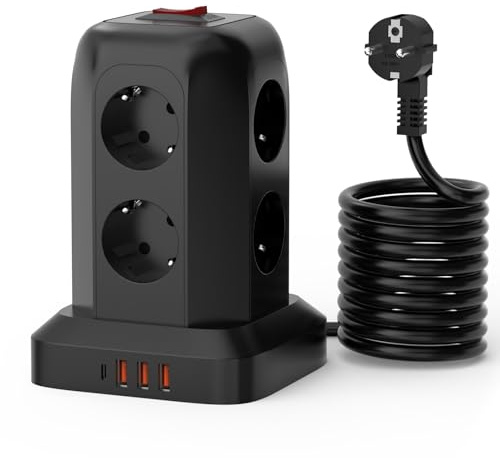 8 Fach Steckdosenturm mit USB, Mehrfachsteckdose mit Schalter, 1,8 m Kabel | Platzsparendes Design mit Anschlüssen auf mehreren Seiten, ideal für Schreibtisch, Home Office und Gaming Setup