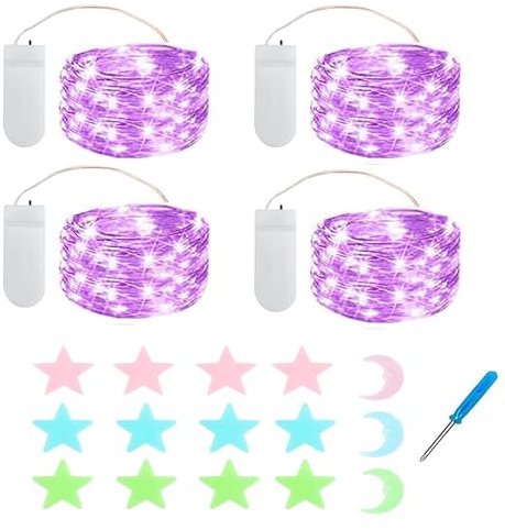 MUXIJIA 4x20er Mini Lichterkette Innen Außen Batterie mit Sterne Mond Fluoreszierende Wandsticker für Party Garten Hochzeit Weihnachten Beleuchtung Deko (2.1 metre/6.89 Ft lila)