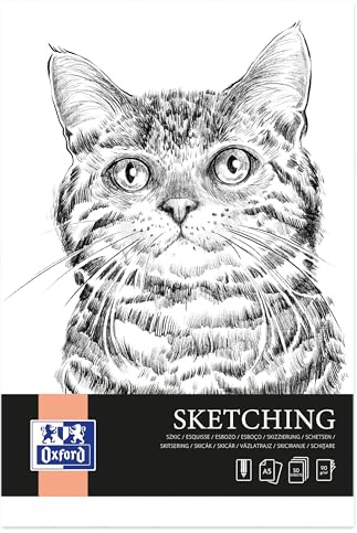Oxford Artistic Skizzenblock A5 Katze, 50 Blatt, Zeichenblock Geklebt, Sketchbook, Kunstblock 90g/m² säurefreies Papier, Zeichenheft mit stabiler Rückpappe, Skizzenheft für Zeichnen & Skizzen