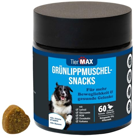 Tiermax Grünlippmuschel Snacks (60 Stück) – hochwertige Gelenkunterstützung für Hunde mit Grünlippmuschel, MSM, Glucosamin und Kurkuma – für alle Größen und Rassen ab 12 Wochen