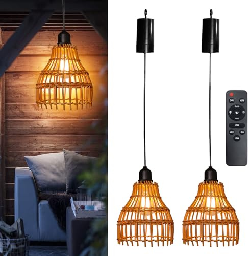 PORFOYO 2 Stück Hängelampe Mit Batterie, Pendelleuchte E27 Lampenfassung, Hängelampe Mit Fernbedienung, Hängende Leuchte, Pendelleuchte Kit Batteriebetrieben Für Garten Balkon Pavillon Küche