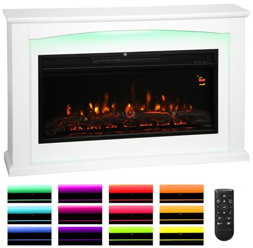 HOMCOM Cheminée électrique 1000W/2000W, Effet Flamme à 5 luminosités réglables, Fausse cheminée décorative avec Manteau, Thermostat réglable, télécommande, minuterie, jusqu'à 30 m², Blanc