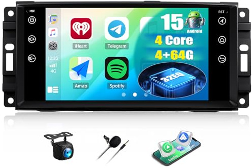 CAMECHO [4+64G] Android 15 Carplay Autoradio per Jeep Wrangler JK/Dodge/Chevrolet/Chrysler, Wireless Carplay Nav, 7 Pollici 2 Din Stereo con Bluetooth WiFi Android Auto Mirror Link GPS +Telecamera