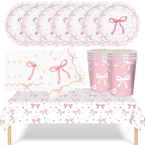 YESAH 53P Pink Bow Tableware Set,Paper Dinnerware Pack for Hen Do Party | Includes Plates,Cups,Napkins and Reusable Tablecloth for 16 Guests,Birthday,Garden Party and Celebration Decor