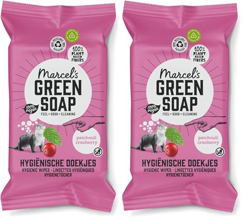 Marcel's Green Soap - Hygienic Cleaning Wipes Patchouli & Cranberry - Microplastic-free formula - Vegan - 60 wipes (Pack of 2)