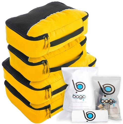 bago 7 Stück Packwürfel für Reisen – 4 Packwürfel mit 3 Druckverschlussbeuteln – Reisewürfel für maximalen Stauraum, sparen Sie Zeit und Mühe beim Packen – Happy Traveling, gelb, 4pcs Set