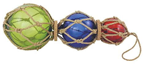 Glass and rope fishing balls, sisal green, blue and red, perfect for maritime decoration.