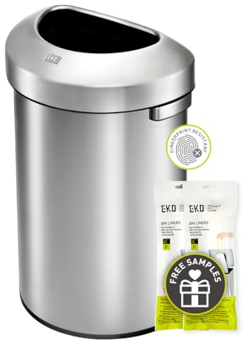 EKO Open Top Trash Can, Stainless Steel, 60 Liter, Semi-Round