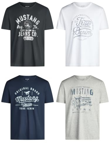MUSTANG Tshirt Herren Baumwolle Regular Fit 4er Pack Set Rundhals Kurzarm Sommer Tee Shirt Logoprint Schwarz Weiß Grau Blau Grün S M L XL XXL 3XL 4XL 5XL 6XL
