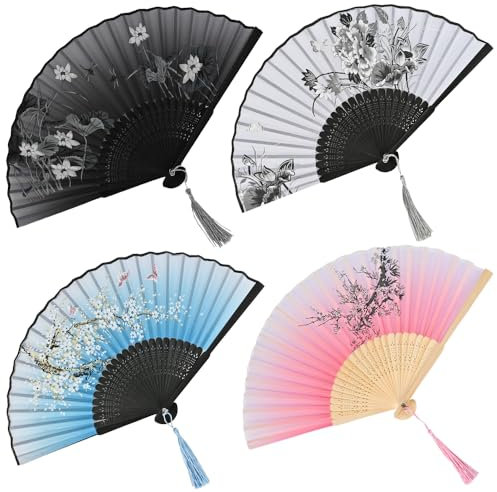 Faburo 4PCS Ventilateurs Pliantes Éventail Pliant Poche Pliables avec Frange en Soie et Bambou Style Japonais avec Gland Pliante Ventilateur (env. 38 x 21cm Bleu Foncé, Bleu Ciel, Rose, Dégradé Noir)
