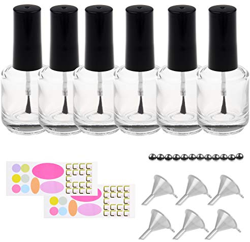 Transparent Clear Empty Nail Polish Bottles - with Dupont Brushes - Set of 6 - Also Includes 6X Plastic Funnels, 12x Mixing Balls and 20x Sticker Labels - for Making Your Own Nail Polish