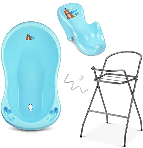 TÜV Rheinland zertifizierte Babybadewanne mit Gestell - 4-teiliges Set: Babybadewanne, Badewannensitz, Abfluss & Gestell - Baby Pflegeset für Neugeborene