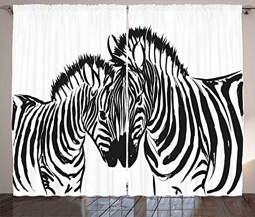 ABAKUHAUS Safari Rustikaler Vorhang, Monochrome Jungle Zebras, Wohnzimmer Universalband Gardinen mit Schlaufen und Haken, 280 x 225 cm, Weiß Grau