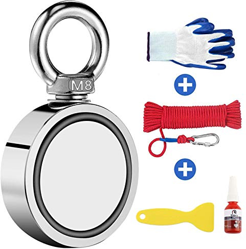 Wukong Double Sided Magnet Fishing,Diameter 48mm,Vertical Tension 160KG 360LB N52 Neodymium Eyebolt Magnet with 20m Rope and a Pair of Gloves,Fastening glue,Scraper