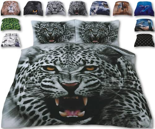 Angry Snow Leopard Bed Set –3D Animal Printed SINGLE Beddings Duvet Cover + Matching Pillowcases - Premium Quality Print Design – Natural Cotton + Virgin Polyester (Snow Leopard, Single Bed)
