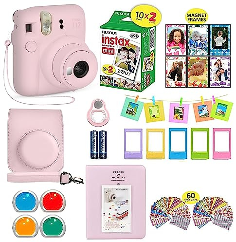 Fujifilm Instax Mini 12 - Cámara instantánea rosa flor + funda de transporte compatible con obturador + paquete económico de película Fuji (20 hojas) + paquete de accesorios de obturador, filtros de