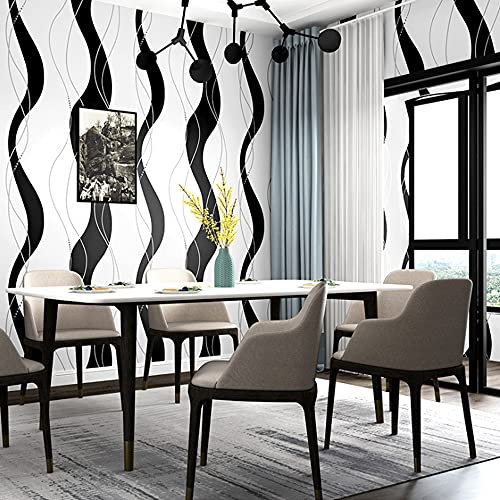 通用 20.87″Wx393.7″L Wave Pattern Black White Vertical Stripe Modern European Style Restaurant Bedroom Living Room TV Background PVC Wallpaper Non-Pasted