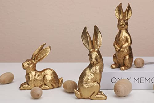 WONDROUS' DECO Harz Leuchtend Gold Osterhase Figuren Klein Deko Osterhase Statue 3er Set Vintage Osterhase Tisch Home Dekoration Geschenk
