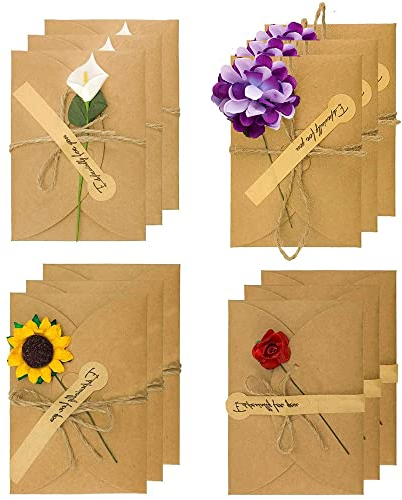 FDDG 12 Stück Karten Mit Umschlag, Grußkarte Mit Umschlägen, Retro Kraftpapier Karte, Getrocknete Blumen Mit Postkarte, Verwenden Sie für Geburtstage, Jubiläen, Weihnachten, Valentinstag