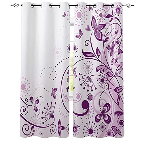 MTBDDyyds Blickdichte Vorhänge 264X214Cm Lila Blumen Schmetterlinge Wohnzimmer Blickdicht Gardinen Verdunkelungsvorhang Schlafzimmer Kinderzimmer Thermovorhang Digitaldruck 3D Ösenschal