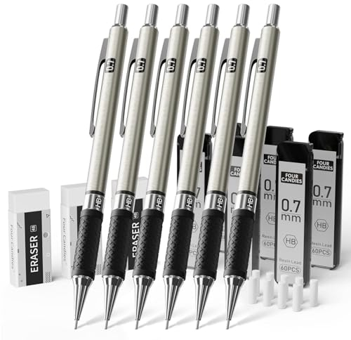 Four Candies 0,7 mm Druckbleistift Set, 6 Stück Metall Minenbleistift, Mechanische Bleistifte mit 360 Stück HB-Minen, 3 Radiergummis und Etui, Druckbleistifte zum Schreiben und Zeichnen für Ingenieure