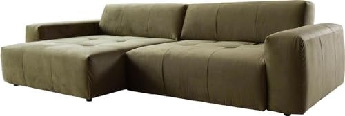 DELIFE Eckcouch Lazaro Samt Olive 300x160 cm Ottomane Links mit Rückentiefenverstellung