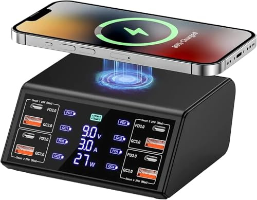 Multi USB Ladestation 100W Mehrere Geräte Ladegerät mit LED Bildschirm Kabelloses Schnell Induktives Ladegerät 8 Ports mit 18W QC3.0 USB und 27W PD-Schnellladungsport für iPhone iPad Samung