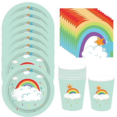 JAHEMU Regenbogen Partygeschirr Kindergeburtstag Deko Regenbogen Geburtstag Party Geschirr Pappteller Becher Servietten für 8 Gästen