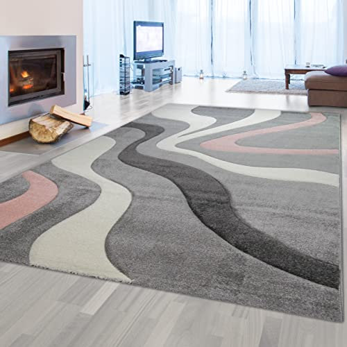 Teppich-Traum rosa weiß Grauer Teppich mit Wellendesign | pflegeleicht & praktisch, 200 x 290 cm