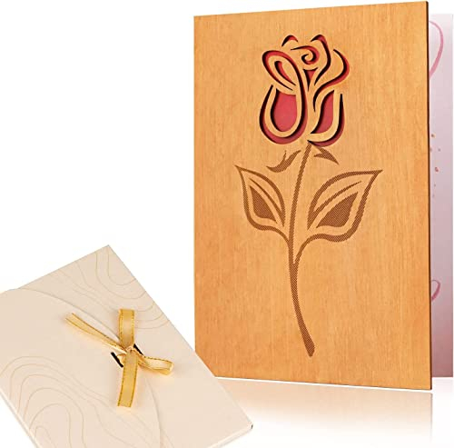 LÜNIC Grußkarte aus Holz mit Umschlag Rose - Blumenkarte Blumengrußkarte Glückwunschkarte Geschenkkarte für Ehefrau, Freundin, Mutter, zum Geburtstag, Jubiläum, Muttertag, Valentinstag, Hochzeit